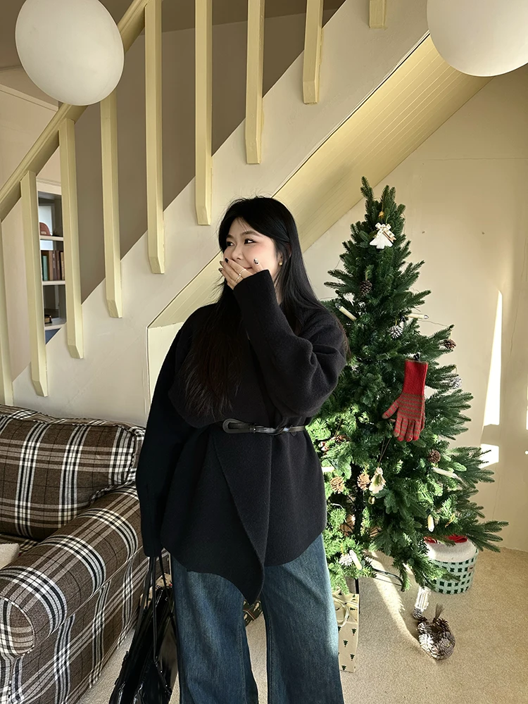 

NINI ONE plus Size Bla Lapel Thiened Sweater Coat Lazy Sle High Faion Outerwear Knitted Loose Fit Autumn Winter Coat