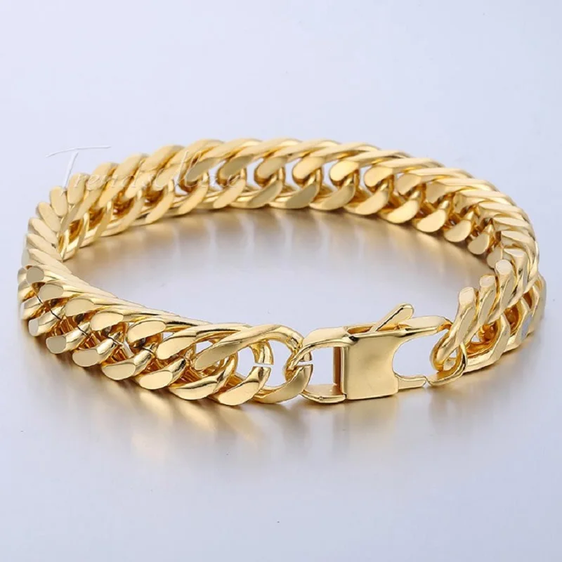 

10mm 316L Stainless Steel Bangle Bracelet Gold-color Cut Double Curb Link Mens Womens Fashion Jewelry Dropshipping DLHB413A