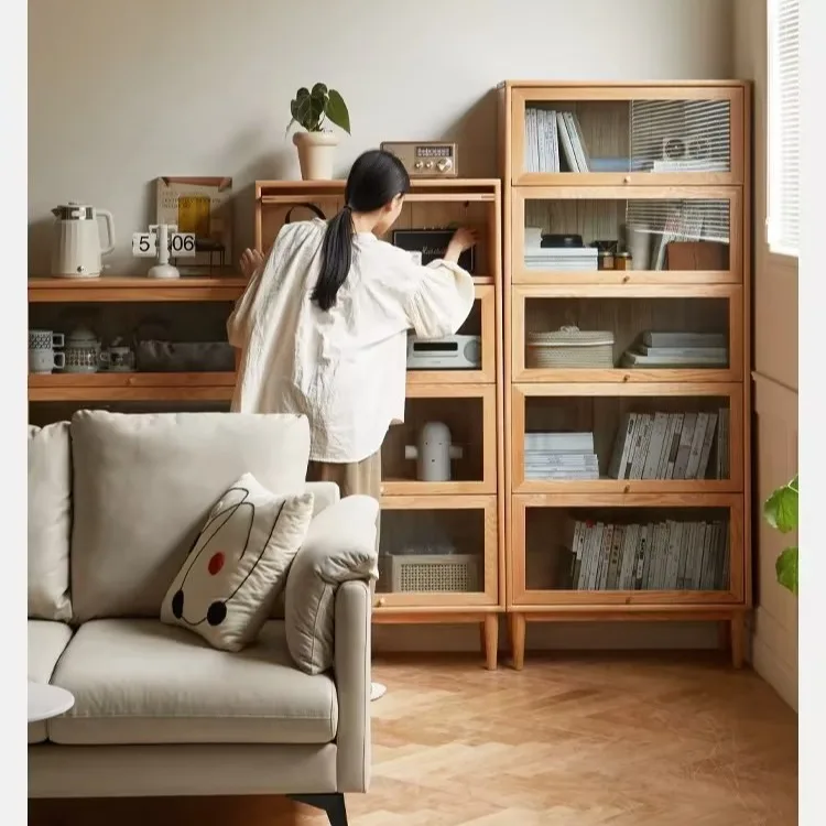 

Solid wood bookcase Floor-to-ceiling with legs Locker Household wall sliding door side