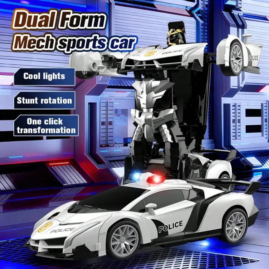 Transforming RC Police Car Toy, One Click Deformation Remote Control Robot Car With Cool Lights Stunt Rotation, Kids RC Race Car Gift