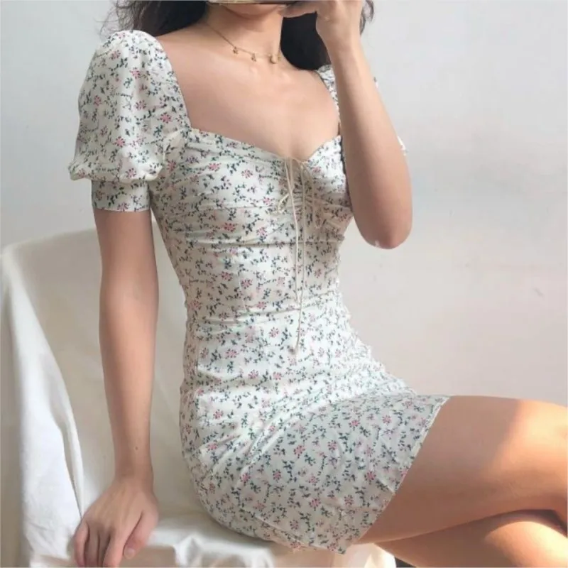 Summer Dress Retro Boho Women Tie Neck Floral Print Floral Mini Sexy White Dress Puff Sleeve Vestido