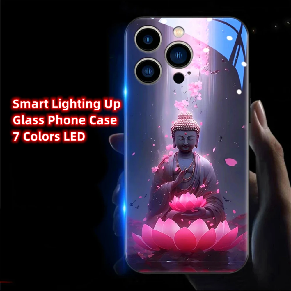 

Lotus Great Buddha Voice Sensing LED Light Up Glowing Luminous Phone Case For iPhone Air 17 16 E 15 14 13 12 11 Pro Max Plus