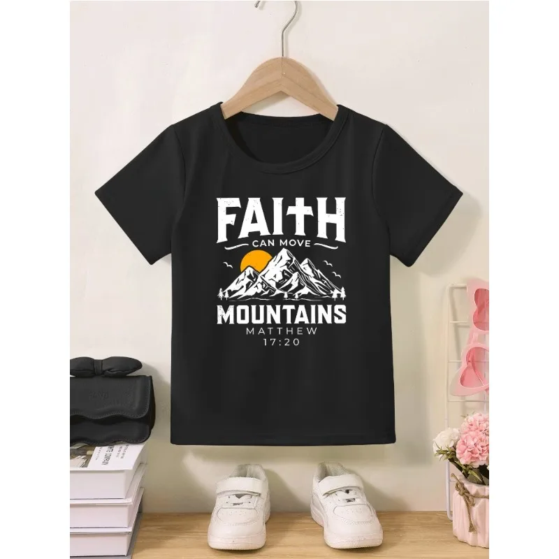 

2025 Summer New Faith Snow Mountain Fashion Printed Short Sleeve T-shirt Pure Cotton Boys and Girls Printed Casual Half Sleeve