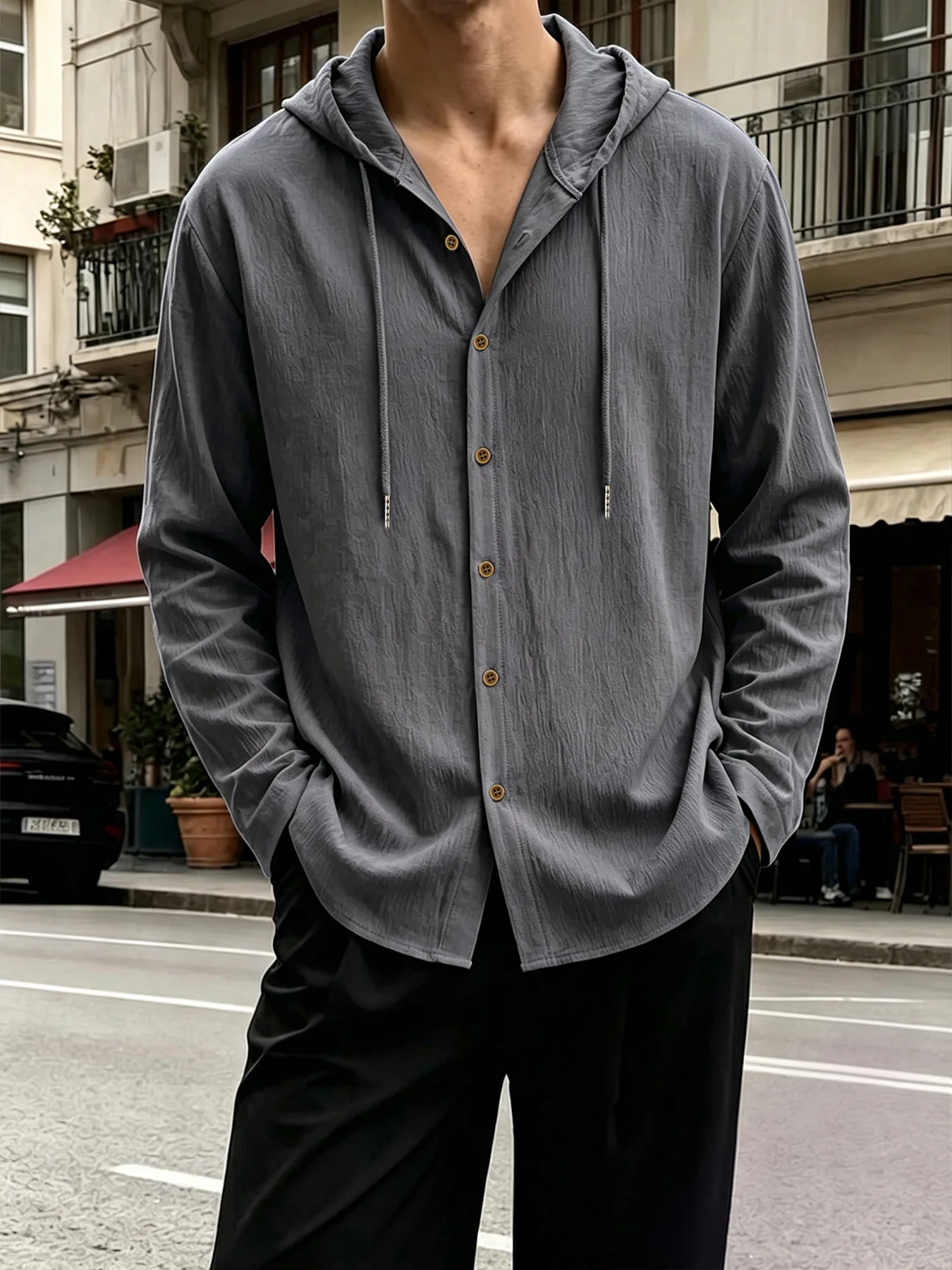 Men Hooded Button Down Shirt Lightweight Casual Hoodie Shirt Long Sleeve Textured Wrinkled Polyester Casual Hoodie Shirts