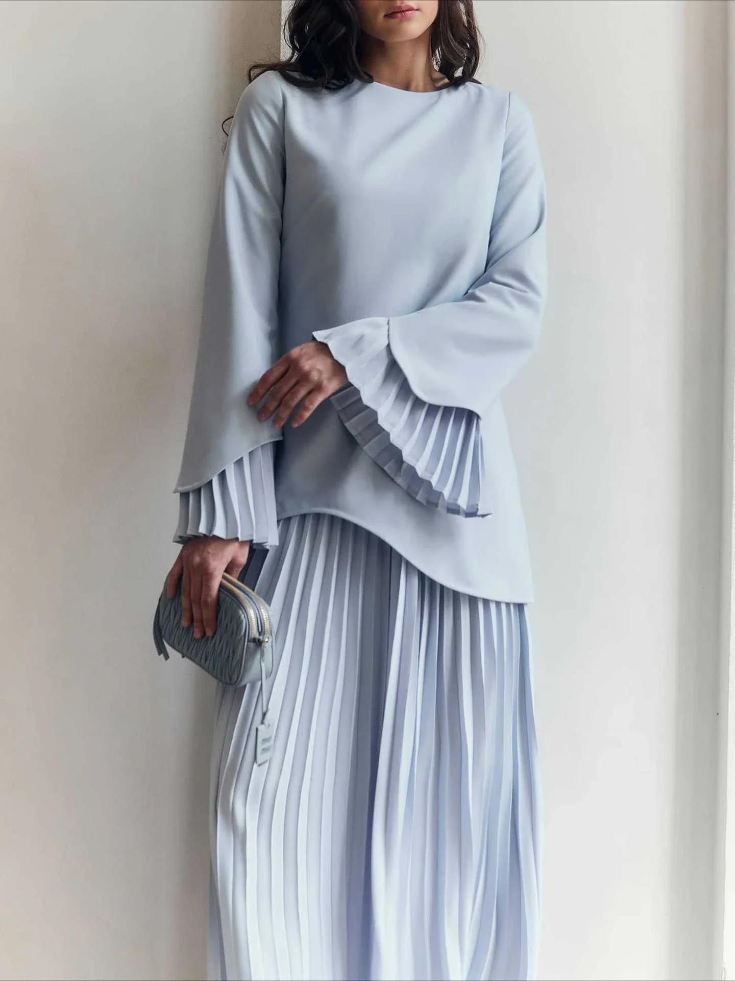 Eid Musulman Ensemble Femmes Top Chemise Plissée Jupe 2 Pièces Ensemble Chemisier Chemises À Manches Longues Jupe Costumes Arabe Musulman Ensembles 2025