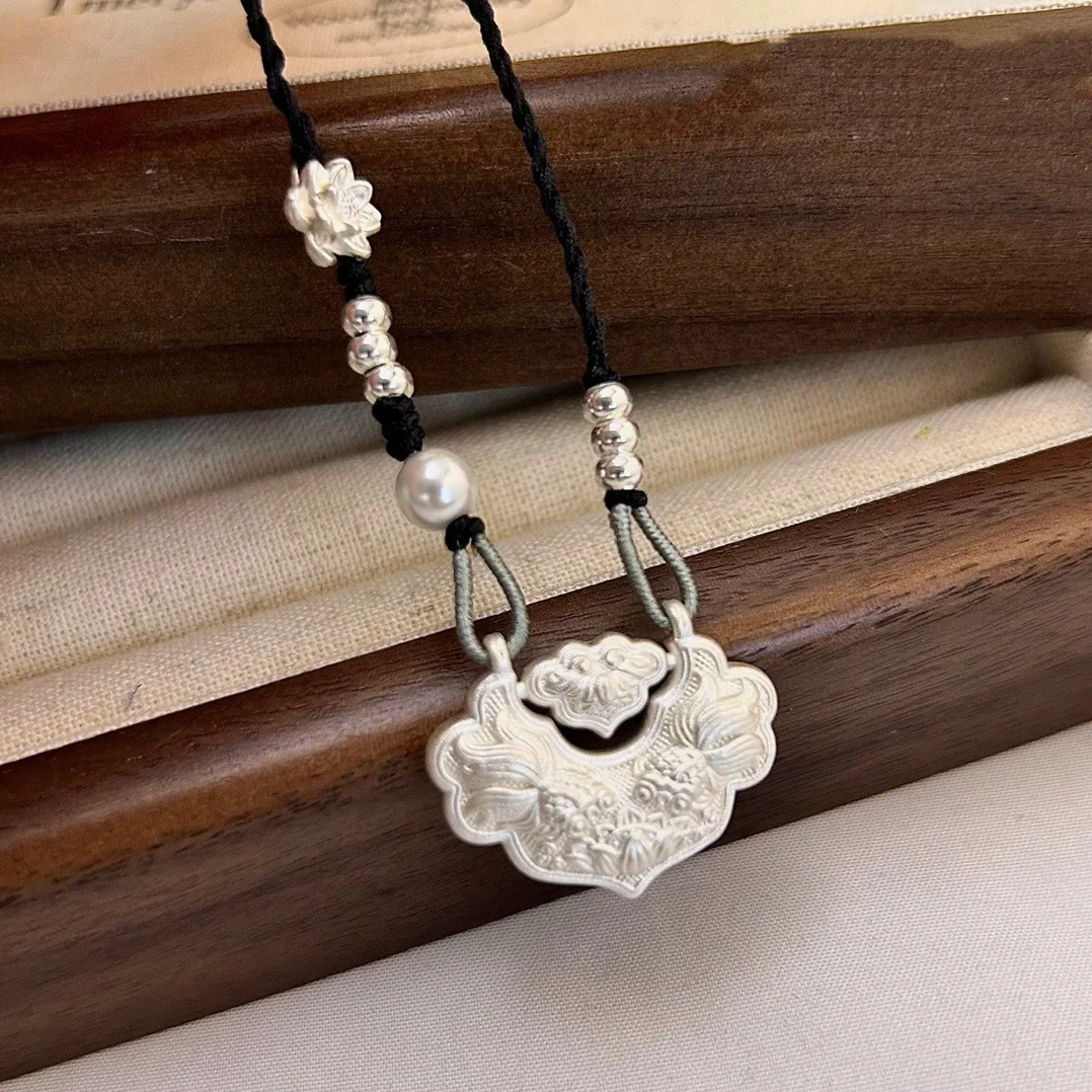 silver 925 Engraved Koi Double Fish Lotus flower Pink Ruyi Lock Necklace pendant collar chain Banquet Wedding Jewelry Gift