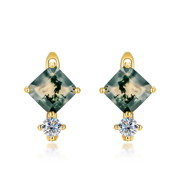

HanYu Vintage Style Moss Agate Zircon Women's Yellow Gold Earrings S925 Silver for Gift