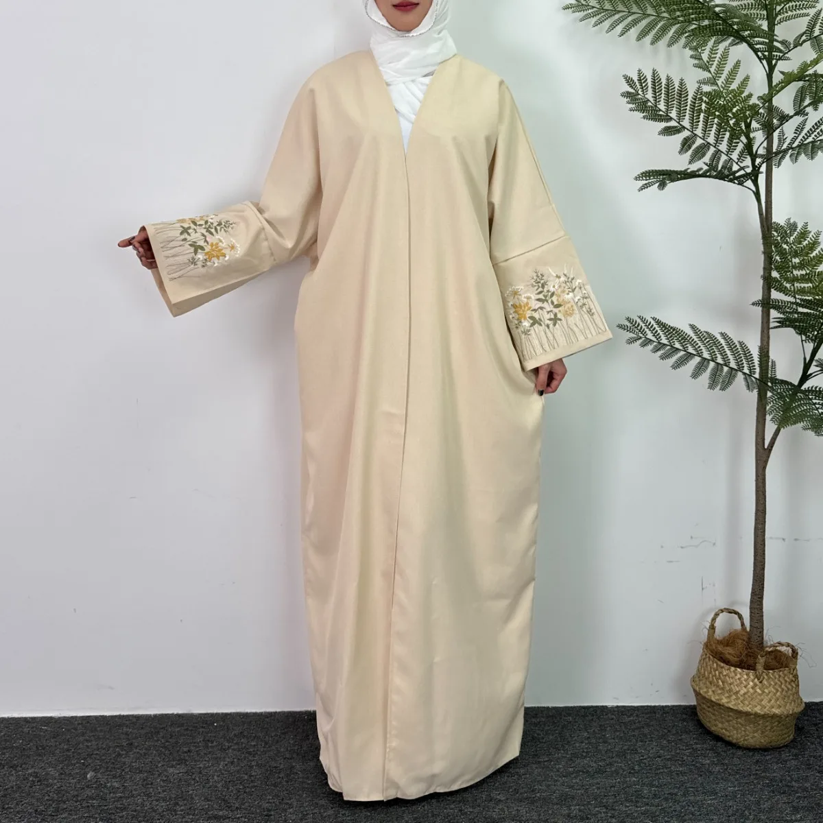 Vorne offen Abaya Stickerei Floral Langarm Maxi Länge muslimische Strickjacke Abayas Out Kaftans Frauen JilbabsDamenbekleidung