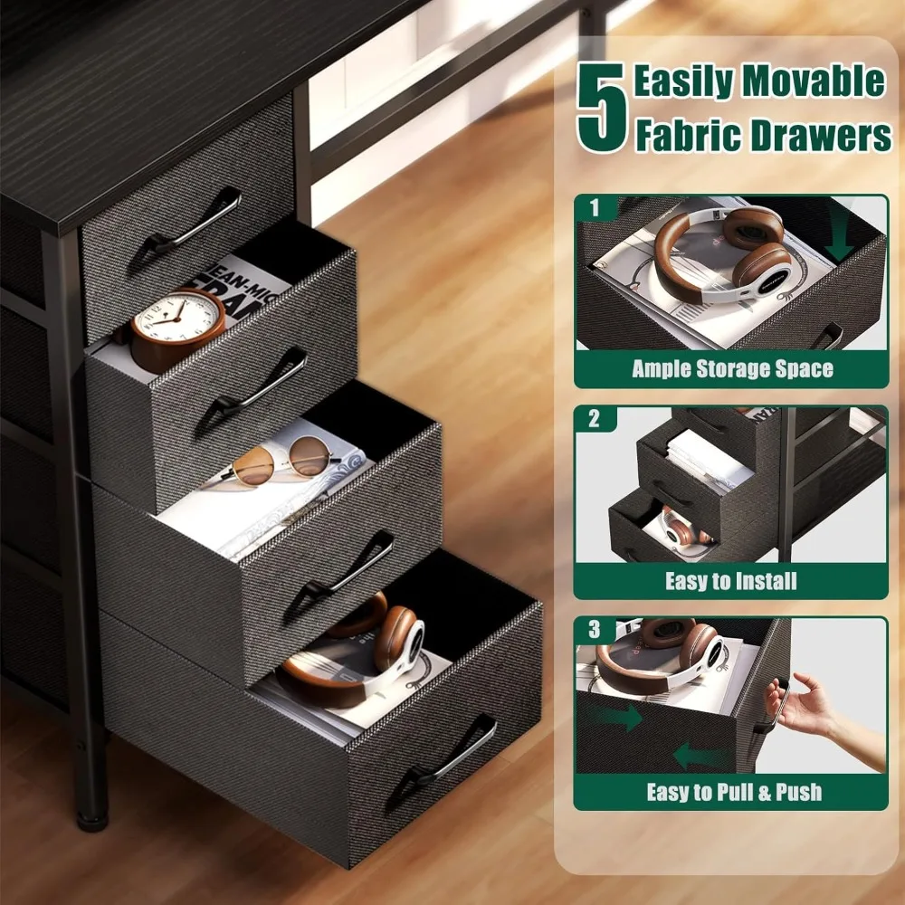 مكتب كمبيوتر مقاس 47 بوصة مع 5 أدراج تخزين قماشية، مكتب ألعاب مع منافذ طاقة وأضواء LED، مكتب مكتب منزلي قابل للعكس مع #5