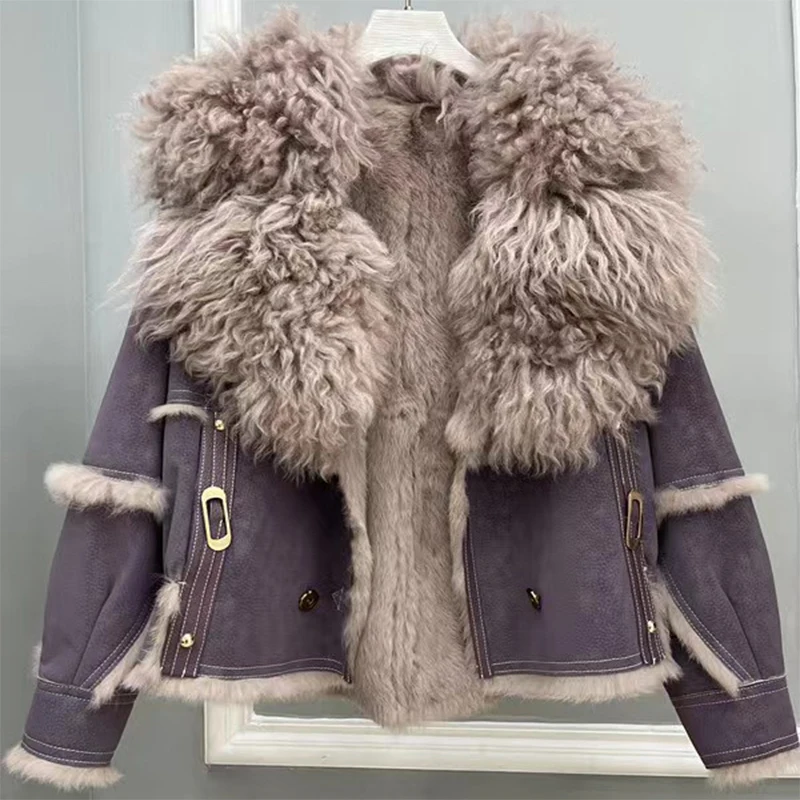 2024Winter Women Fur Leather Truly Naturally Rabbit Fur Lining Sheepskin Neck Short Coat Hot Selling Lnternet Celebrity Style