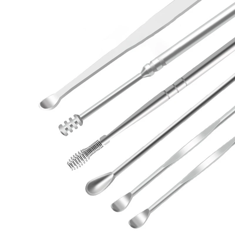 Ear Wax Removal Kit 6PCS Earpick Sticks Curette Spoon Ear Clean Health Care Professional Stainless Steel Ear Pick Cleaning