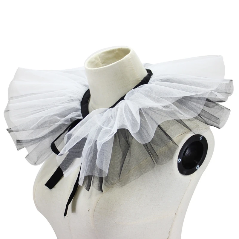 

Women Renaissance Tulle Ruffled Fake Collar Layered Black White Mesh Clown Choker Lace-Up Ribbon Victorian Neck Ruff Shawl