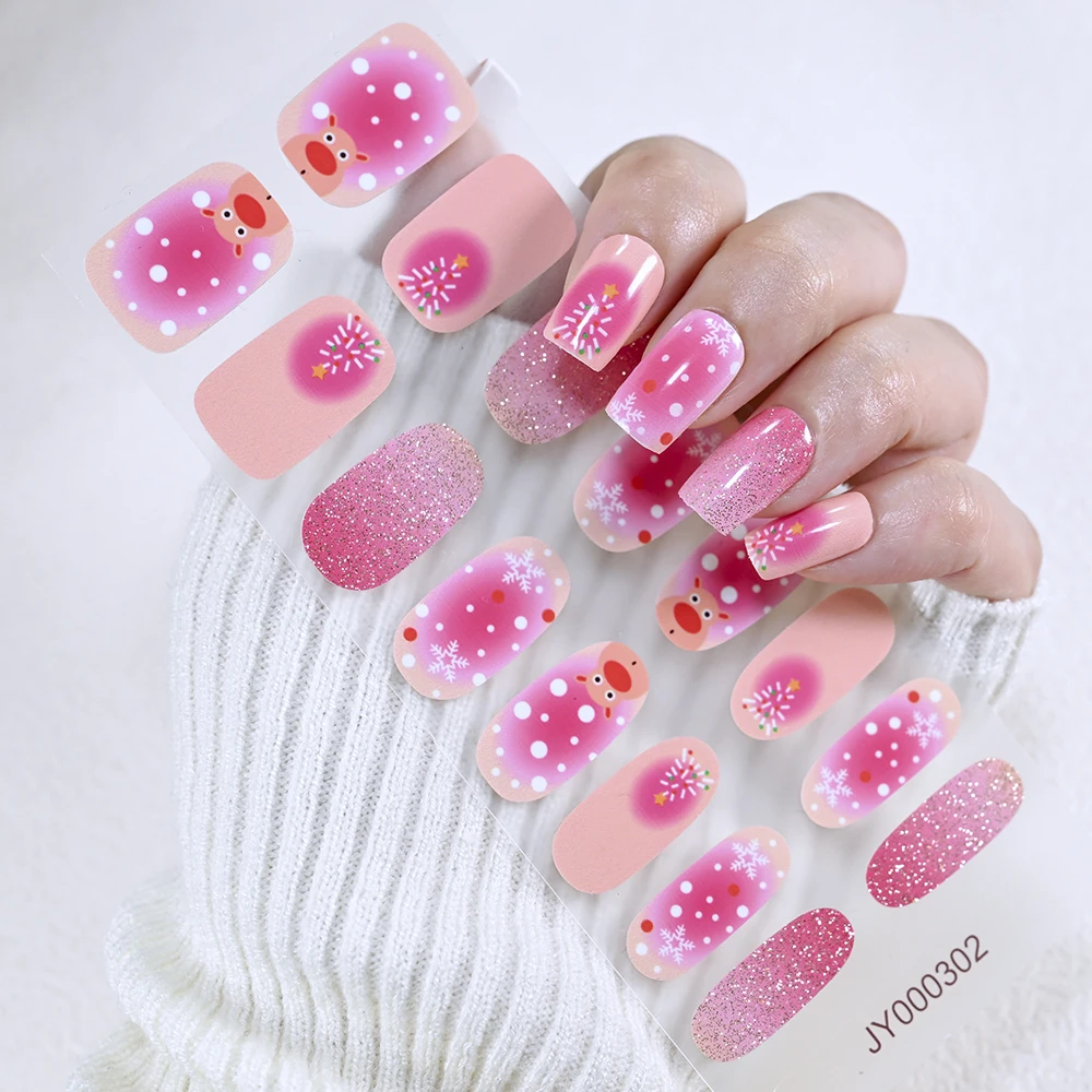 2 Blatt (32 Spitzen) backfreie Glitzer-Weihnachts-Nagelaufkleber, Farbverlauf, Rouge, Elch, Schneeflocken, Weihnachtsbaum, Gel-Nagelaufkleber, DIY-Nagelverpackung