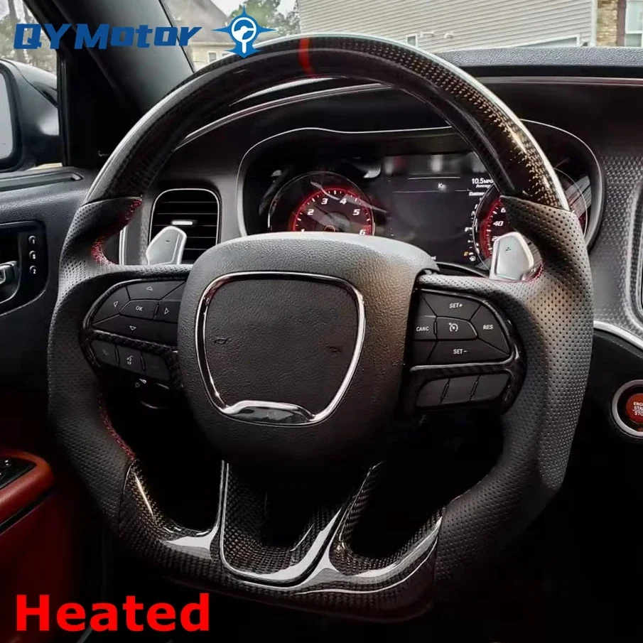 

Heated Real Carbon Fiber Steering Wheel Perforated Leather For Dodge Challenger Charger SRT HELLCAT 2015‑2022