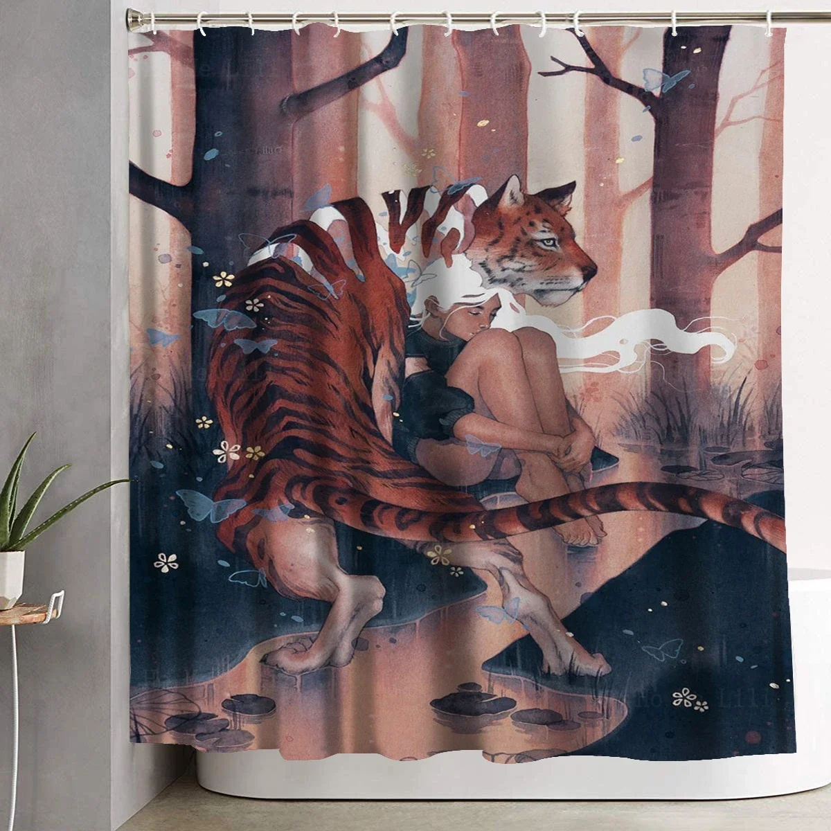 Surreal Psychedelic Octopus Lotus White-haired Girly Tiger Beast Forest Cartoon Shower Curtain By Ho Me Lili For Bathroom Decor