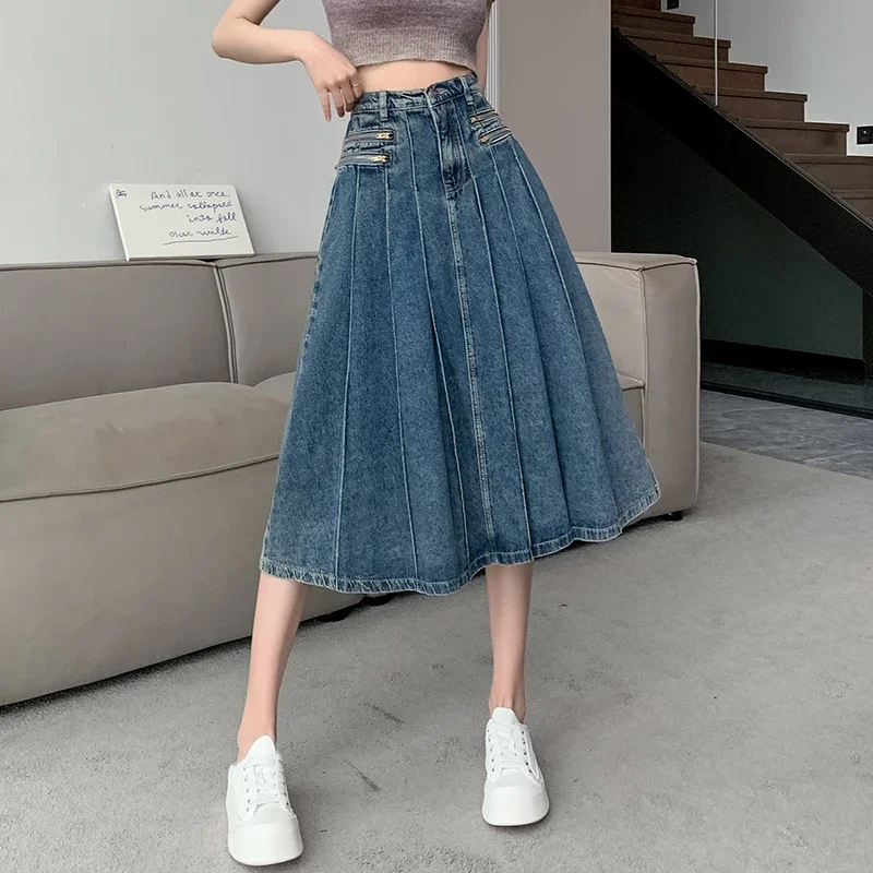 Elegante denim saia plissada senhoras mulheres cintura alta harajuku estilo coreano a linha saia longa para a menina da escola casual faldas