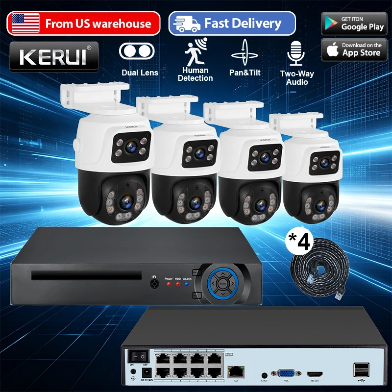 USA Delivery KERUI 8CH POE NVR  Kit 2K 6MP POE Video Surveillance Camera System Dual Lens PTZ WIFI IP Home Security H.265 CCTV