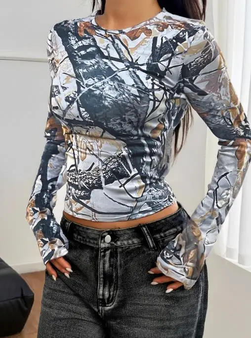 Y2K Kaus Dasar Wanita Lengan Panjang Print Gaya Anak Perempuan Populer Pakaian Wanita 2025 Musim Gugur dan Musim Dingin