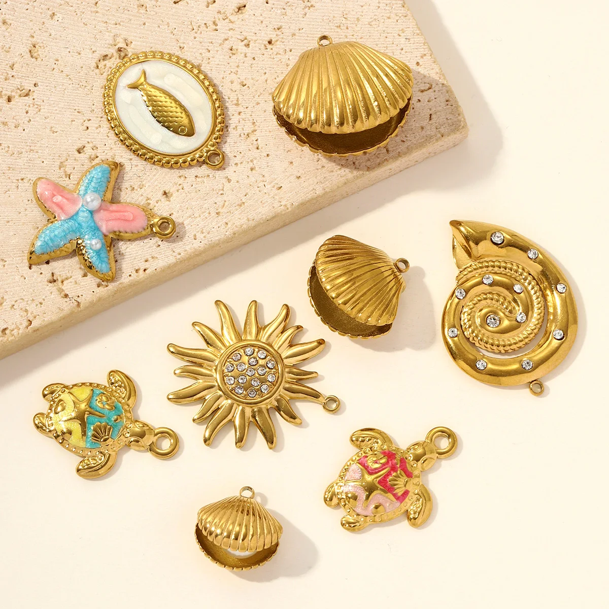 3pcs/Lot Stainless Steel 3D Shell DIY Bracelet Charms Rhinestone Sun Conch Necklace Pendants Woman Fish Turtle Jewelry Wholesale