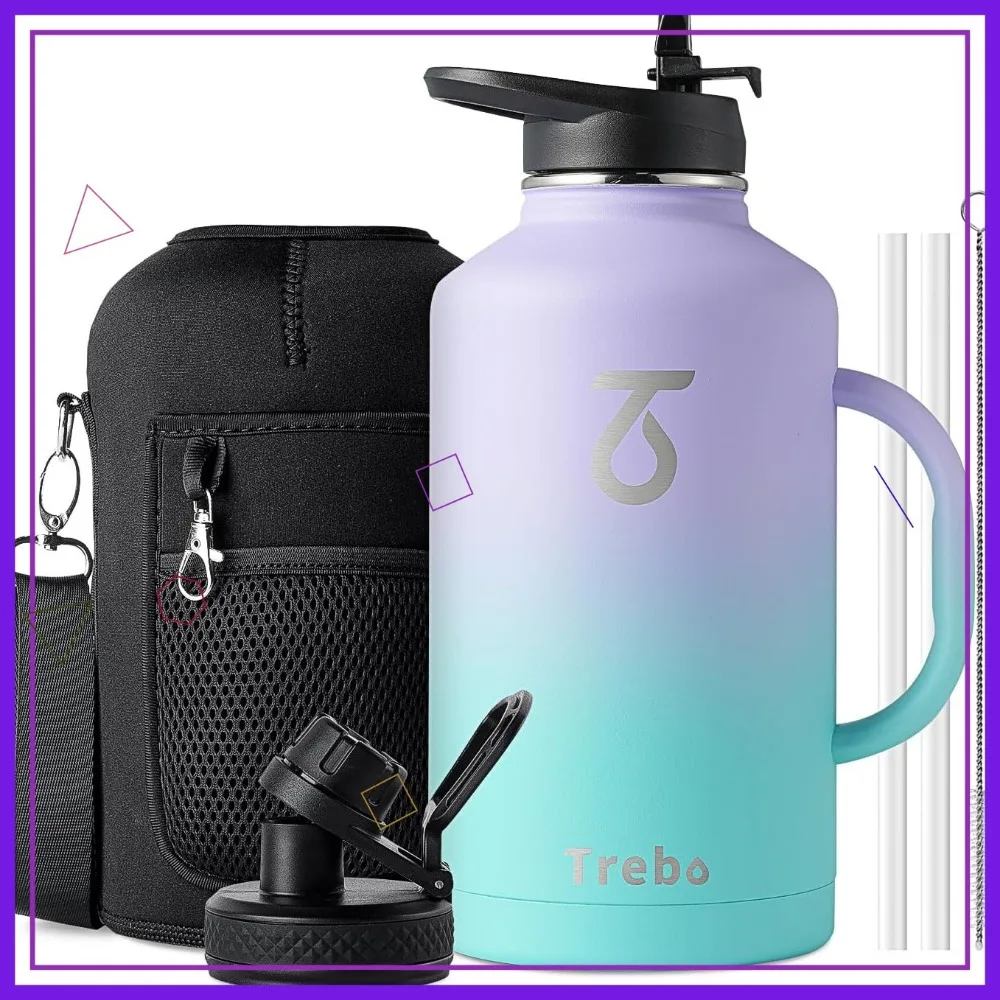 

64oz Insulated Water Bottle with Straw Lids, Half Gallon Stainless Steel Jug with Handle, Leak-Proof Wide Mouth Flask