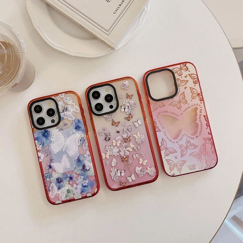 

Colorful Butterfly Peach Gradient Border 2.0 Acrylic Phone Case Cover for IPhone 11 12 13 14 15 Pro Max Case