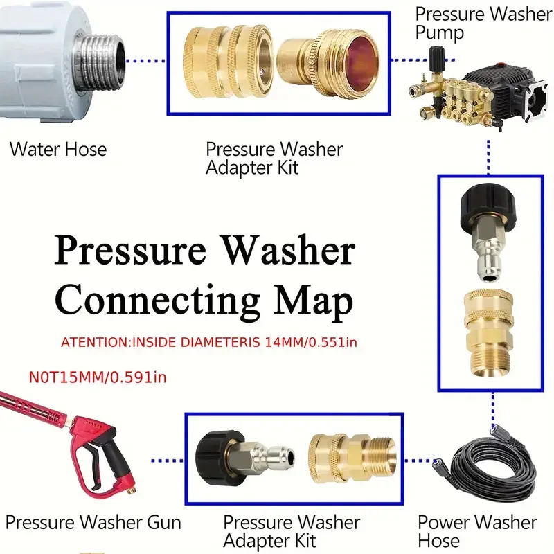 Conjunto de adaptador para lavadora de pressão, 4 peças, kit de conexão rápida métrico m22 14mm a 3/8 ", kit de conexão rápida 5000 psi