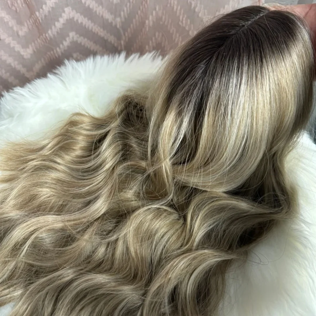 Ash Platinum Blonde Synthetic Lace Top Wigs For Women Highlight Deep Wave Full Wigs  With Dark Roots Original Factory Cheap Wigs