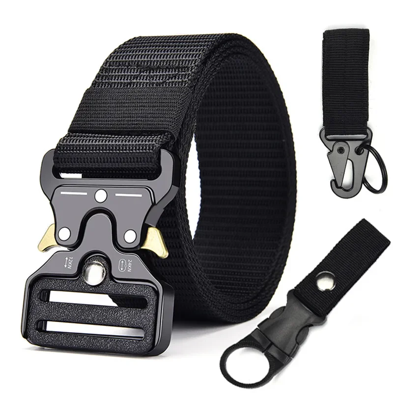 Metal genuine tactical belt quick release, outdoor military belt, nylon sports accessories set, men and women Black Belt