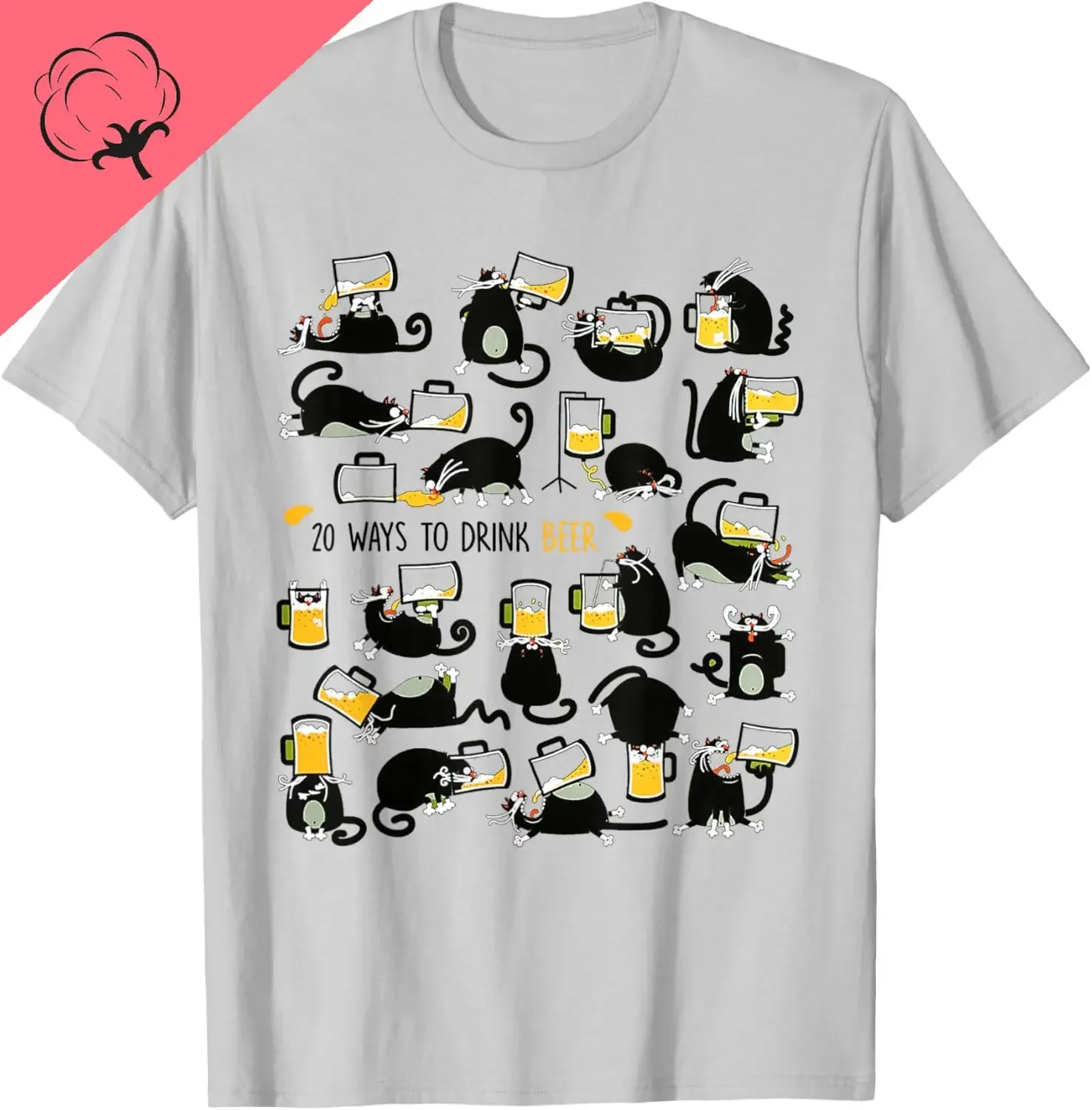 

20 Ways to Drink Beer Funny Cat Graphic Tee Breathable Cotton Short Sleeve T Shirt Men Casual