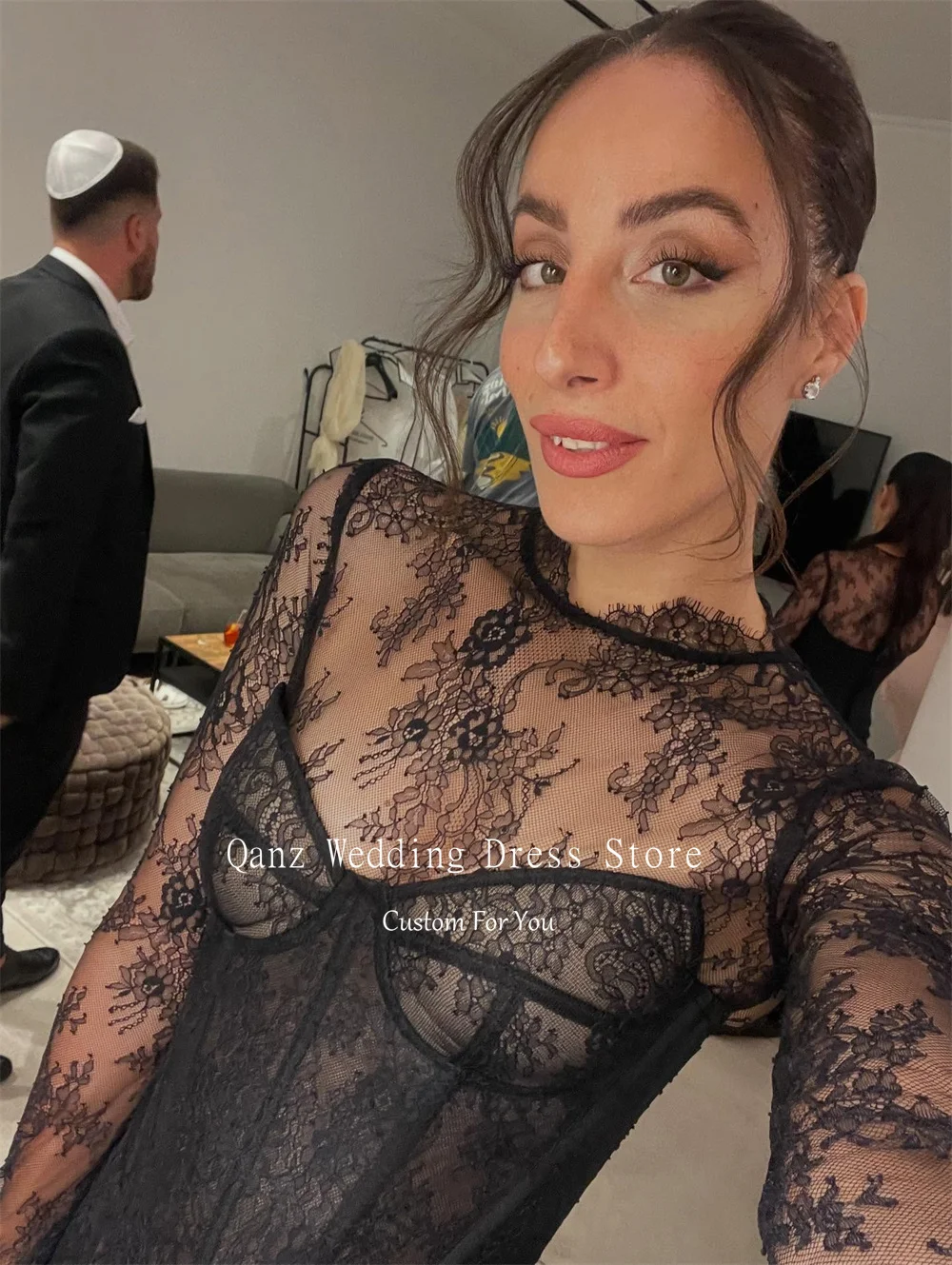Qanz フォーマルハイネックシアーロングスリーブウエディングドレスマーメイドブラックレースアップリケ高級女性のイブニングドレスカスタマイズ