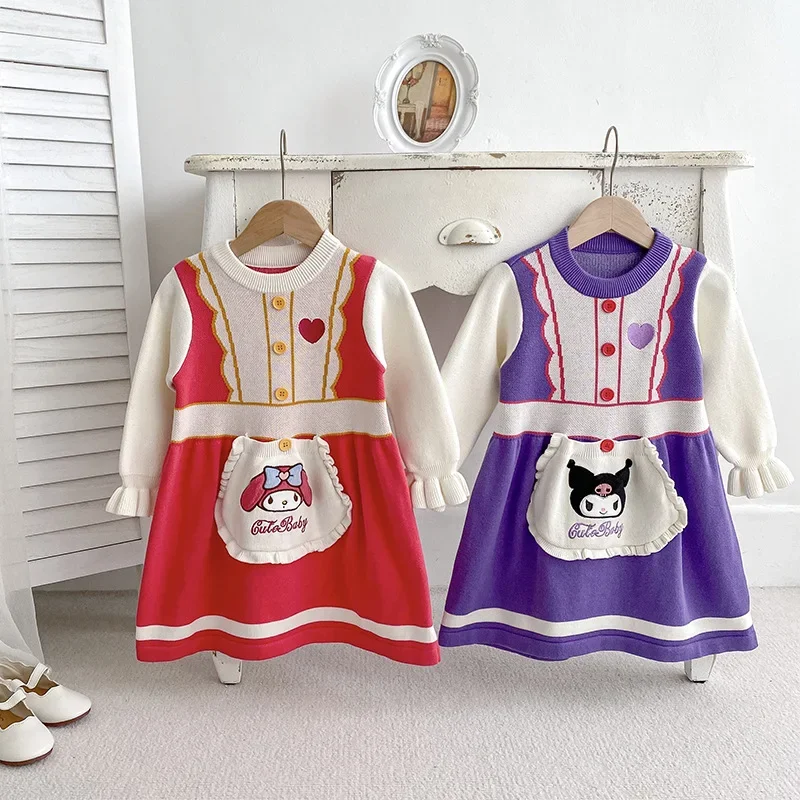 Kids Baby Girls Knitted Dress Cute Cartoon Kuromi Melody Embroidery Sweater Knit Dress Toddler Princess Party Lolita Dress 2-7y