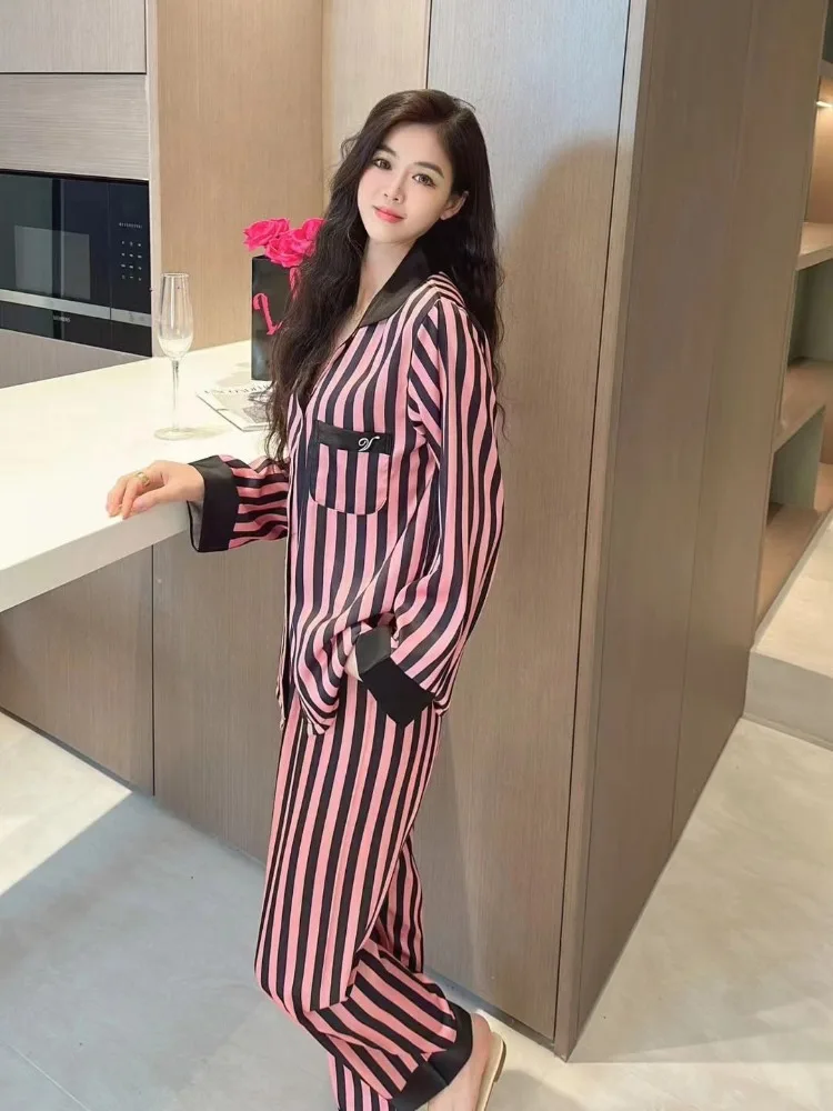 Silk Pajamas Women Long Sleeve Tops Pants Pajama Sets Sleepwear Striped Loungewear Buttons Cardigan Luxury Brand Clothing Korean