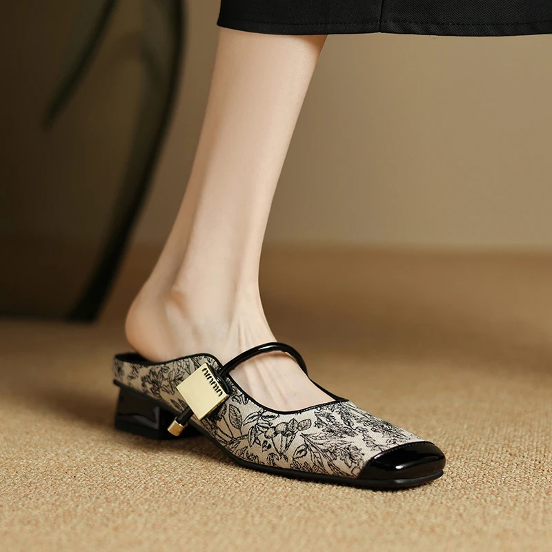 Woman Mules Square Toe Slingbacks Sandals Dress Prom Pumps 3 CM Ladies Shoes Chinese Style Elegant Pumps Size 32-44