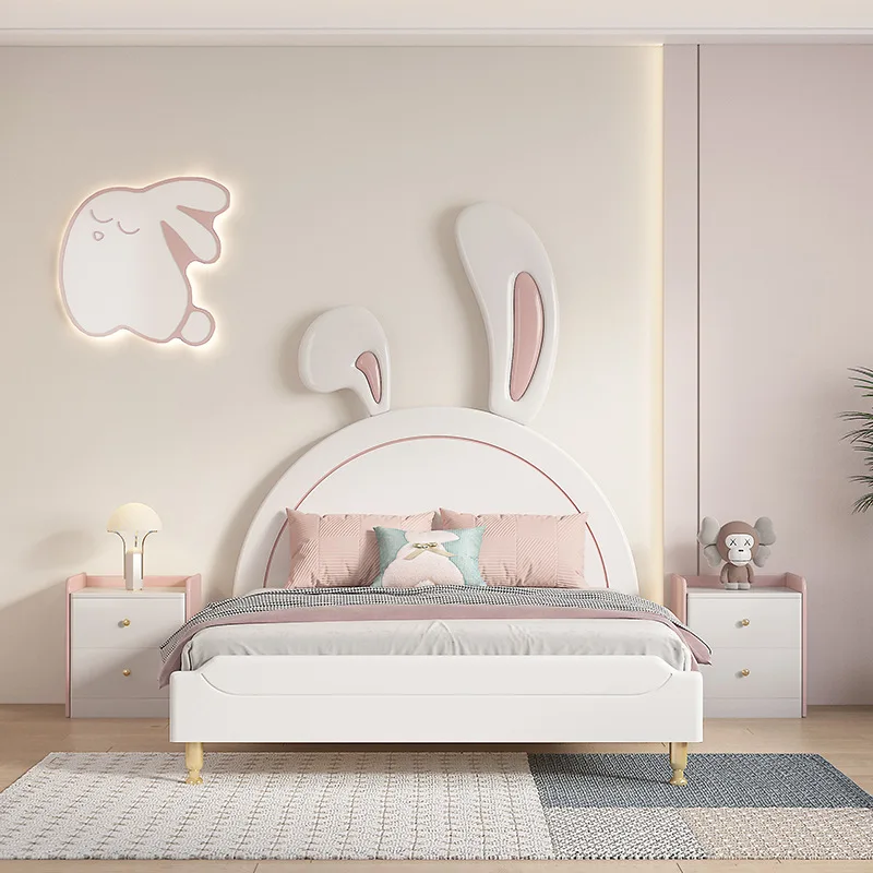 Children's furniture solid wood bed little girls' room single bed teenage girls' bedroom princess bed 1.2 meters cartoon rabbit