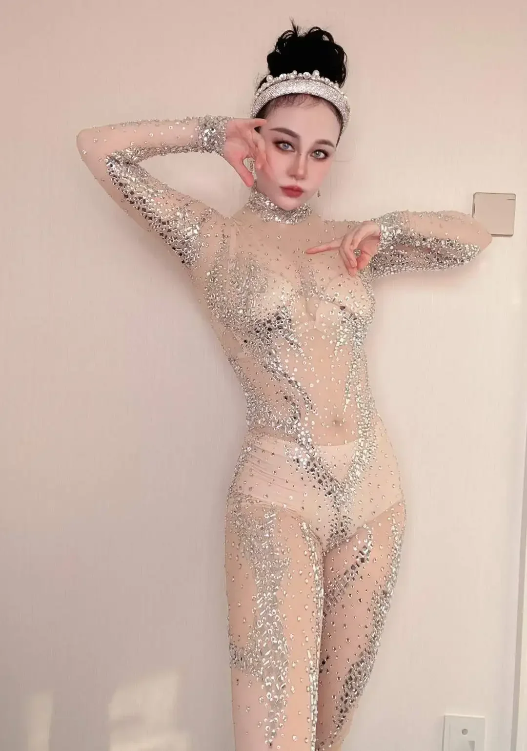 Durchsichtig Sexy Frauen Mesh Sparkly Strass Overalls Stretch Drag Queen Outfit Sänger Bühne Tragen Nachtclub Kostüm