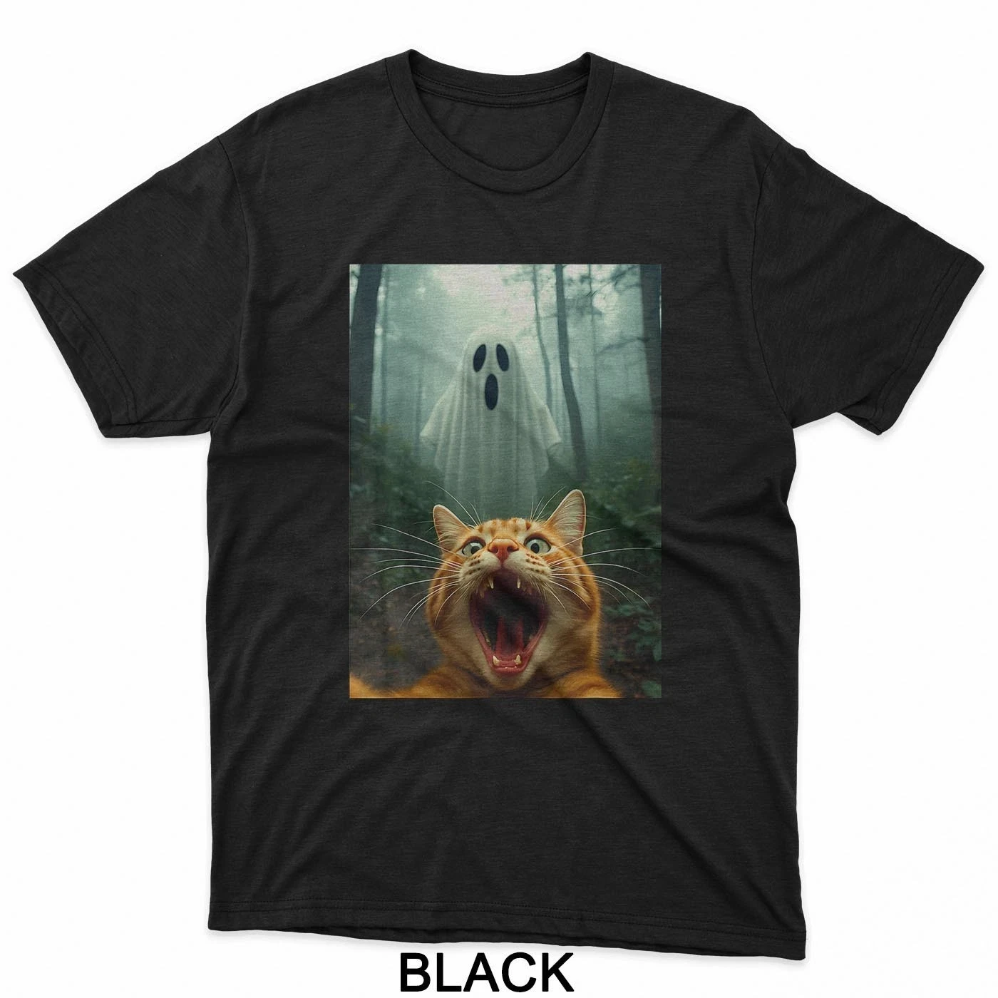 HOT SALE Cat Selfie with Ghost Halloween Kitty Spooky Ghost in Forest T-Shirt Tee Soft  Round-neck Tee Streetwear Style