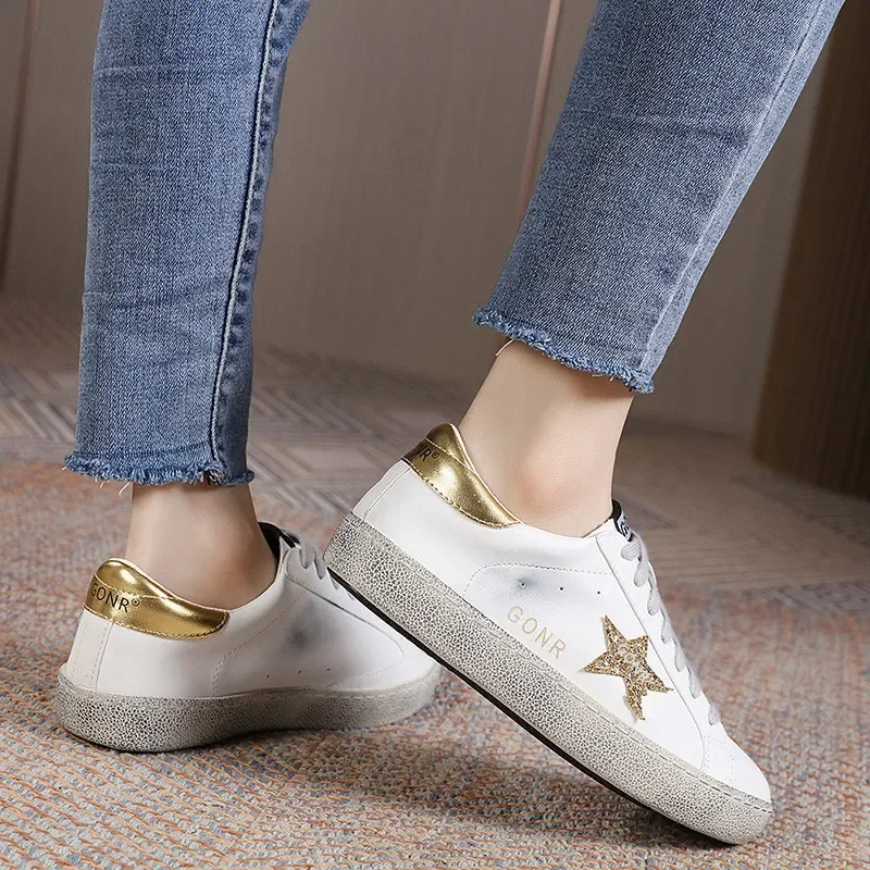 Women\'s  Real Leather Casual Sneakers Star-shaped Sequins Old  Dirty Leisure Men\'s Shoes  Unisex