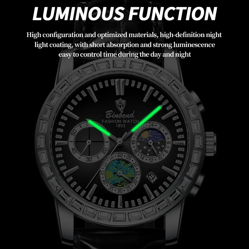 BINBOND ساعة عالية الجودة للرجال الرياضة كوارتز رجل ساعة اليد مقاوم للماء مضيئة كرونوغراف جلدية ساعات رجالية Reloj