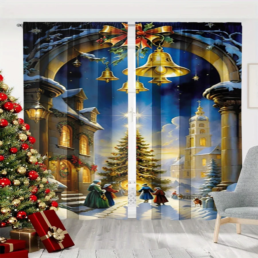 2PCS Christmas Winter Curtains, Christmas Street Scene Bell Arch Church Snow, Digital Print, Bedroom Living Room, Home Decor