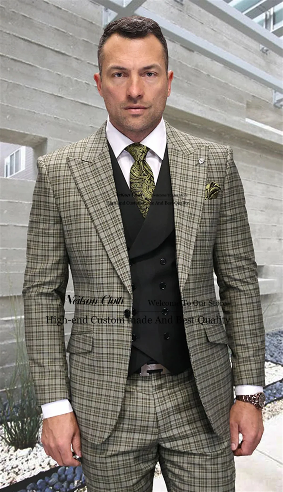 

Fashion Small Plaid Male Prom Blazers 3 Pcs Sets One Button Groom Wedding Tuxedos Peaked Lapel Customized Slim Fit Costume Homme