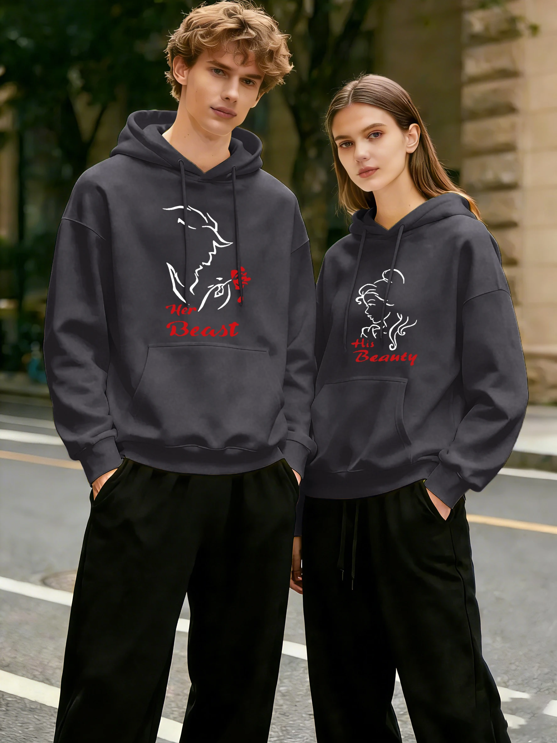 Her Beast Print Fashion Autumn Hoodie Men Long Sleeved All-Match 1Pc Simple Top Loose Soft Tracksuit Casual Sport Couple Clothes