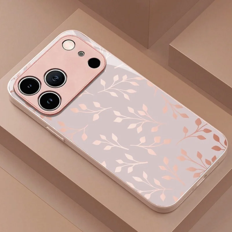 

Светло-розовый чехол для телефона с узором в виде листьев, меняющий цвет, из стекла, подходит для iPhone 17, 16, 15, 14, 13, 12, 11 Pro/Max/Plus, защита от падений