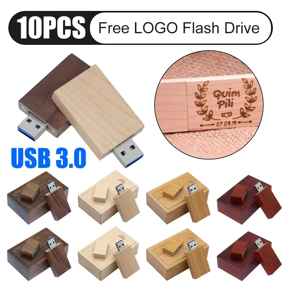 10pcs lot High Speed Wooden Box USB 3.0 Flash Drive 128GB Free Logo Wedding Gifts 64GB32GB Pen Drives 16GB Real Capacity U Disk