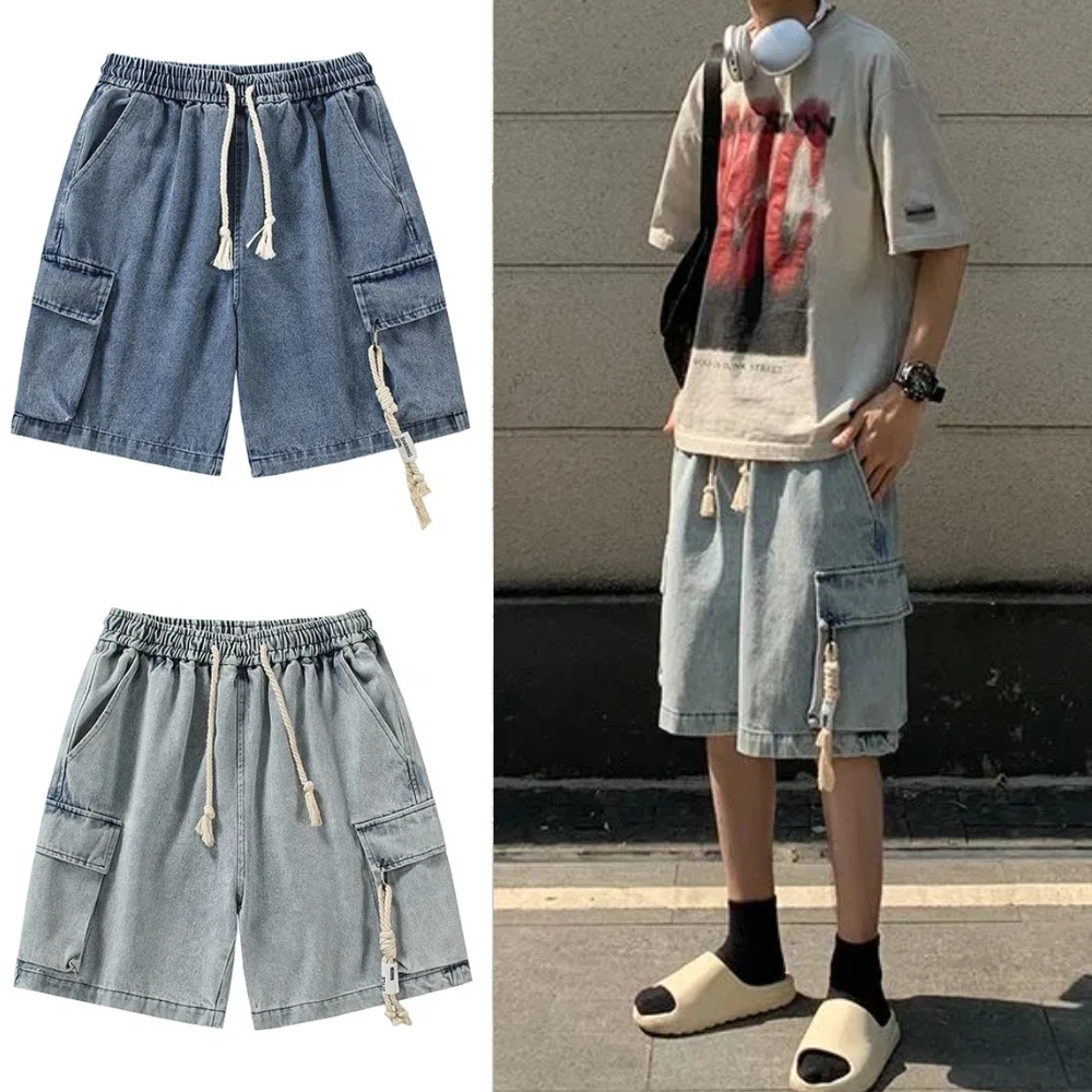 

Cozy Drawstring Denim Shorts Men Loose Wide Leg Baggy Blue Short Jeans High Waist Trousers Denim Knee Length Pants Unisex