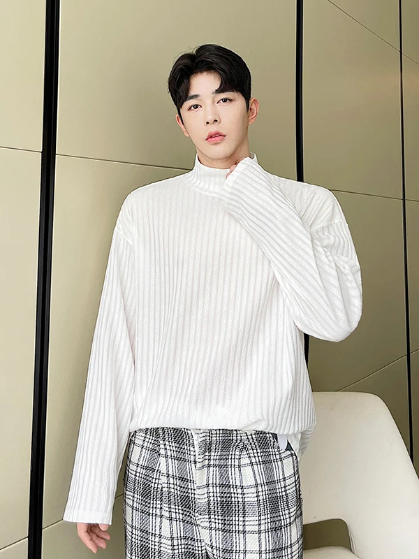 

Мужская свободная повседневная футболка с длинным рукавом в корейском стиле, с высоким воротником, винтажный топ, осенняя модная универсальная базовая модель с полосатым узором