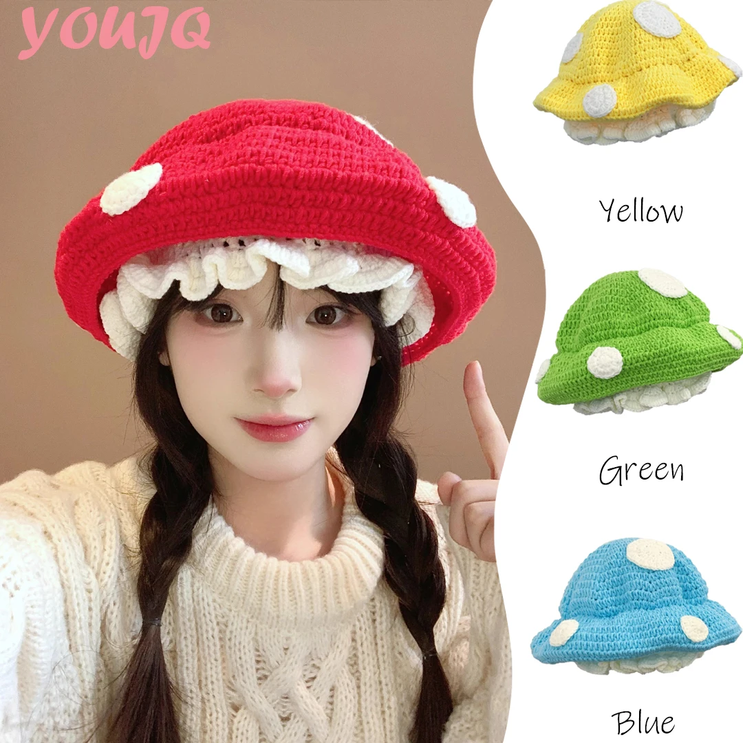 

Y2K милый гриб, красная шапочка ручной работы для женщин, вязаный берет в горошек, осенне-зимние шапки