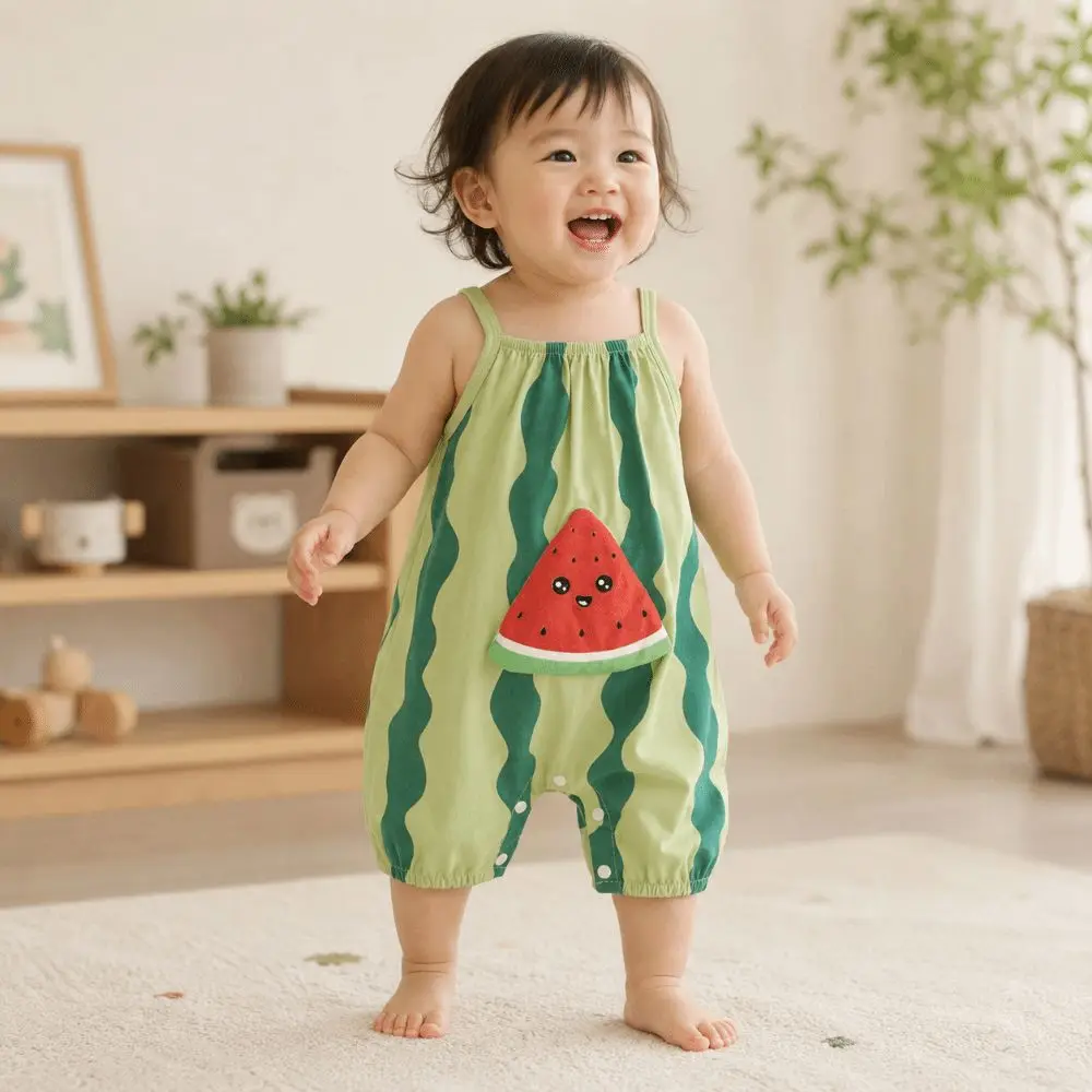 Sweet Watermelon Printed Rompers Loose-Fitting Non-Sticky One-Piece Outfits Clothing for