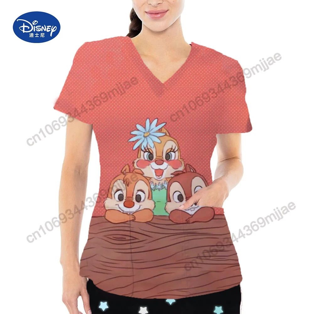 Disney Women\'s T-shirt for Women Clothing 2024 New Cartoon pattern Nurse Uniform Doubet Pocket Tops Y2k Design style T-shirt