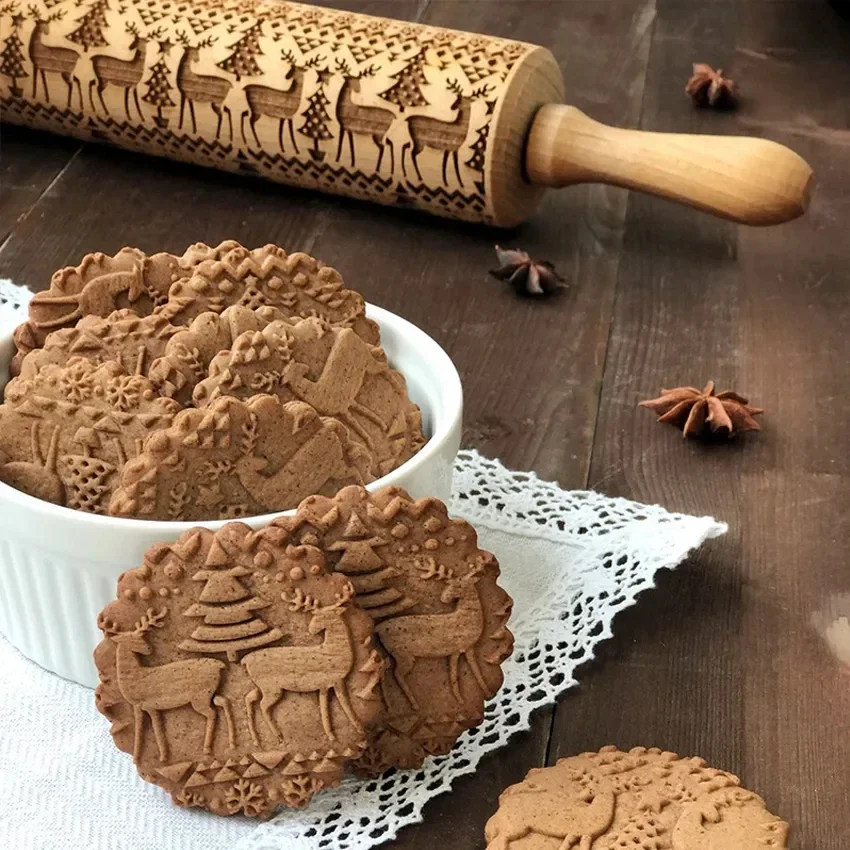 Weihnachts-3D-Nudelholz mit tiefer Gravur aus Holz mit Prägung zum Backen von Keksen, Keksen, Fondant, Schneeflocken, Rentier, Weihnachtsbäume