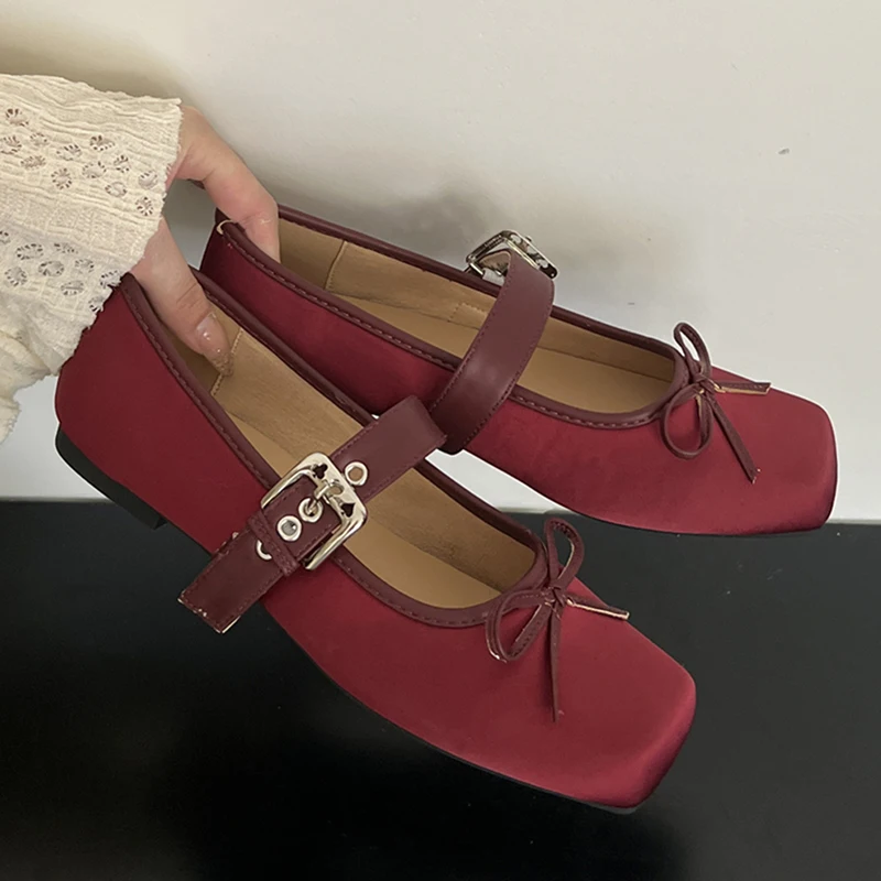 Female Footwear Ballet Flats Silk Woman Dance Shoes Shallow Butterfly-Knot Fashion Buckle Strap Lolita Flat Shoes For Ladies